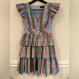 Kate Spade Pastel Plaid Tiered Ruffle Dress in Blue, Peach, Green Size 4